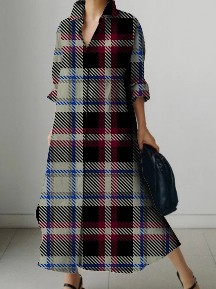 New Long Sleeve Shirt Dress Ladies Plaid Print Design Dress Elegant Beautiful Evening Gown Deluxe Dress For PROM Spring/Summer