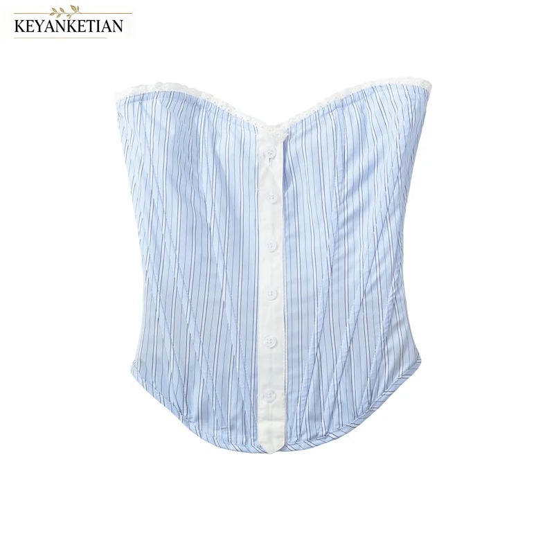 KEYANKETIAN 2026 Striped Boned Bustier Top Lace Trim Sweetheart Neck Button Placket Smocked Back Zip Fitted Women Strapless Top