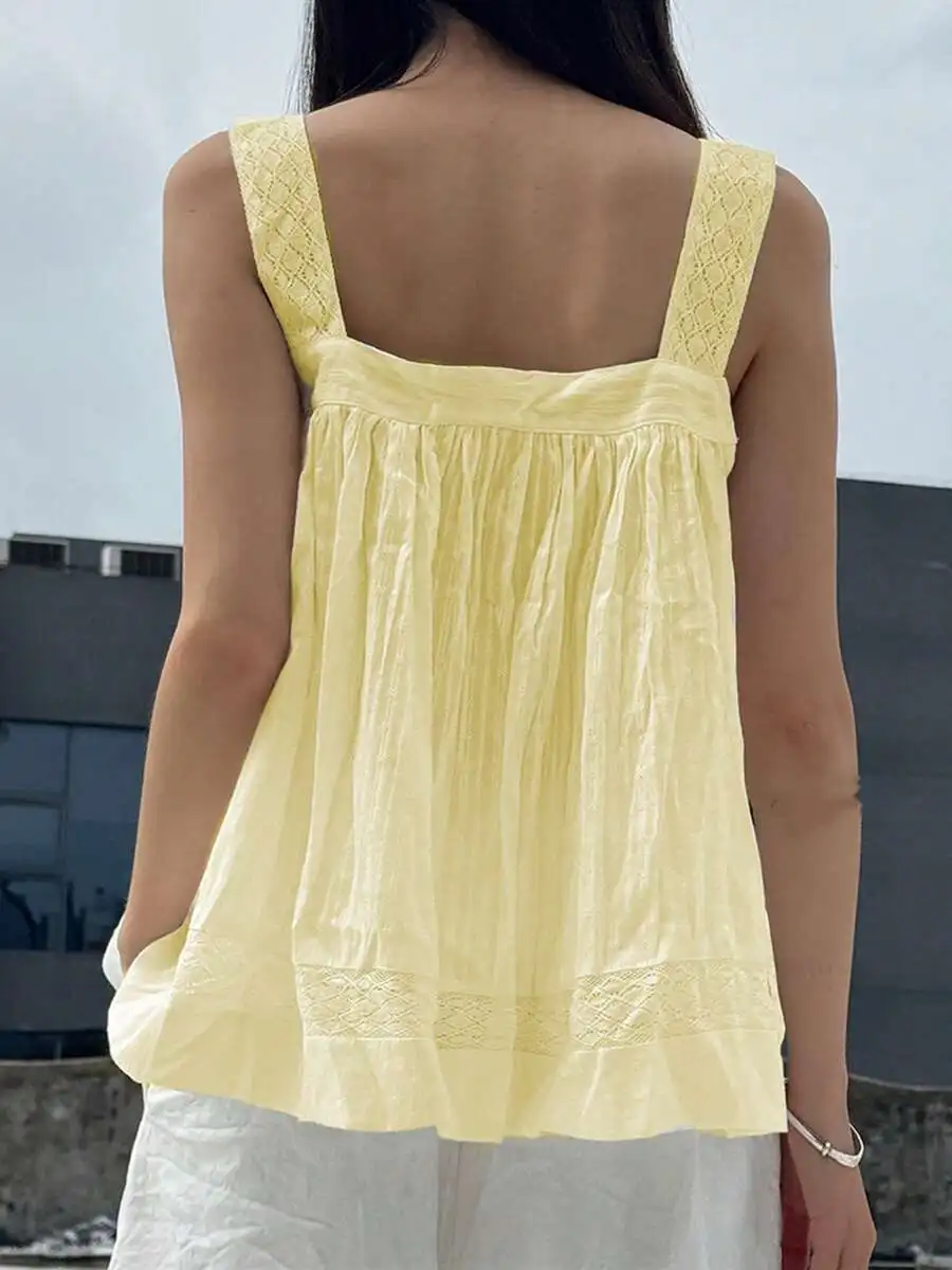 

Women Summer Lace Trim Sleeveless Tank Top Loose Babydoll Blouse