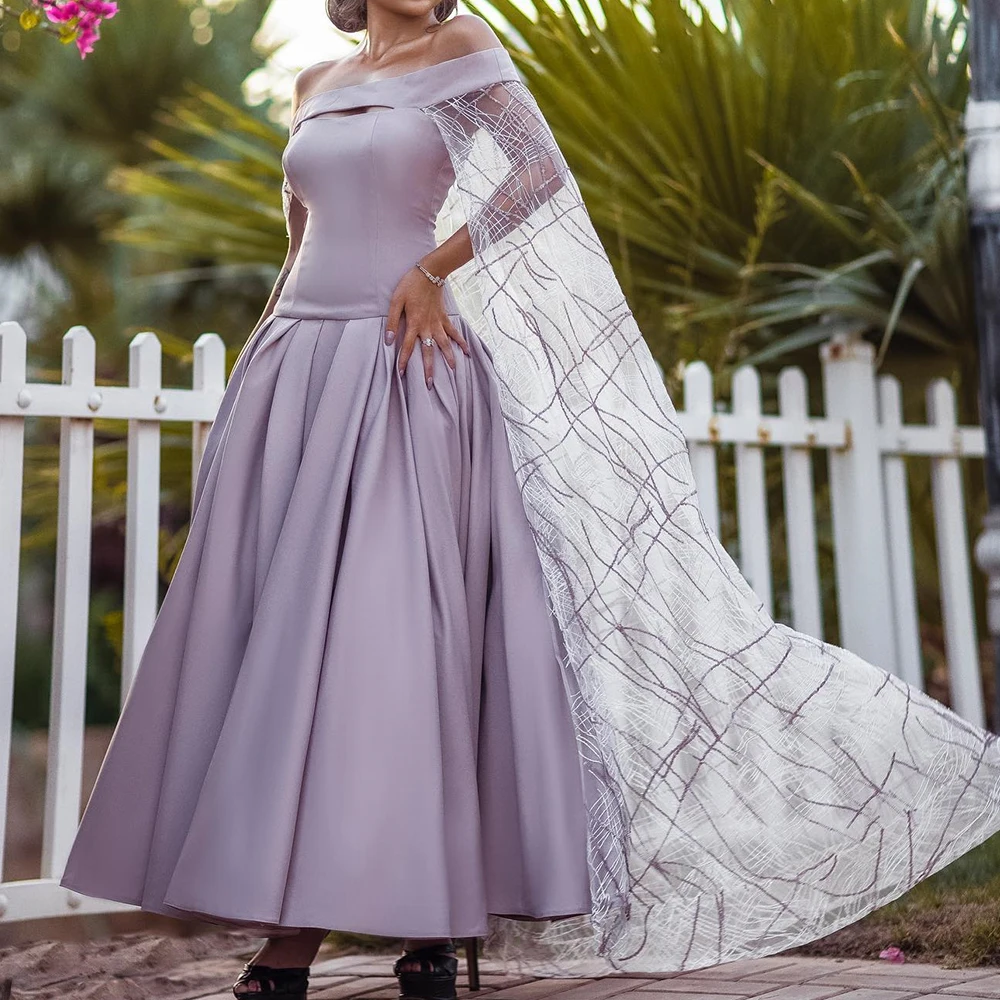 

Exquisite Watteau Train Pleats Sequined Ankle Length Evening Dresses Classic A-Line Off the Shoulder Short Sleeves Party Gowns