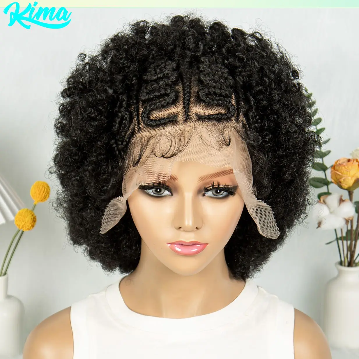 Cornrow Braided Wigs Transparent Full Lace Synthetic Natural Afro Kinky Curly Braided Lace Wigs With Baby Hair for Black Women