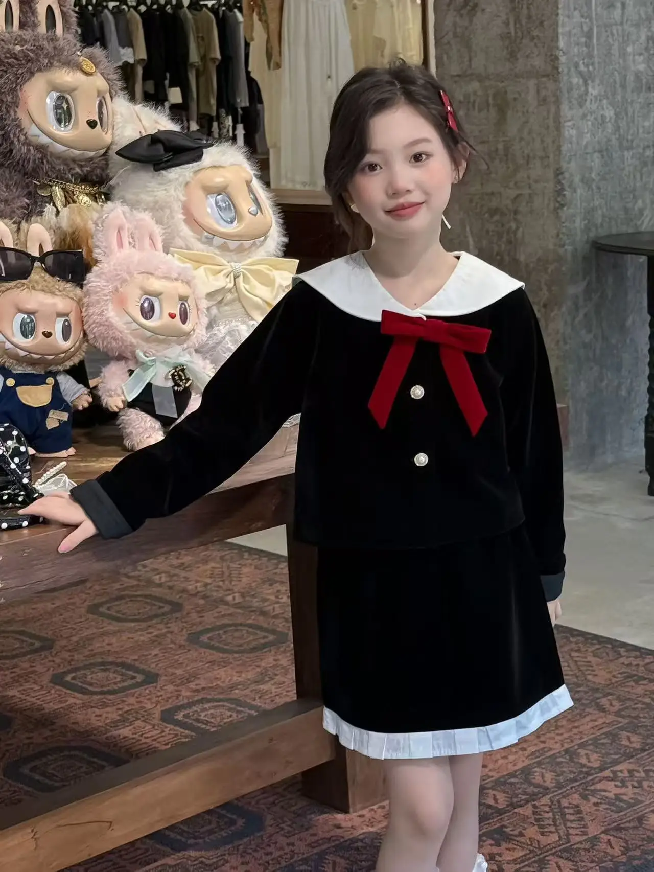 بدلة الأطفال الخريف الفتيات البحرية الرياح المخملية سترة بأكمام طويلة الدانتيل ألف خط تنورة دعوى الأوسط الكبير الأطفال قطعتين مجموعة