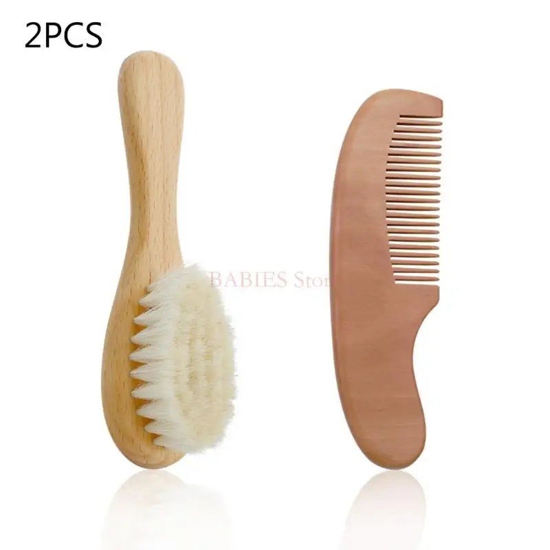 C9GB Baby Hair Brush & Comb Set Wooden Handle Baby Round Hair Brush Natural Goat Bristle Cradle-Cap Brush for Toddler Infant