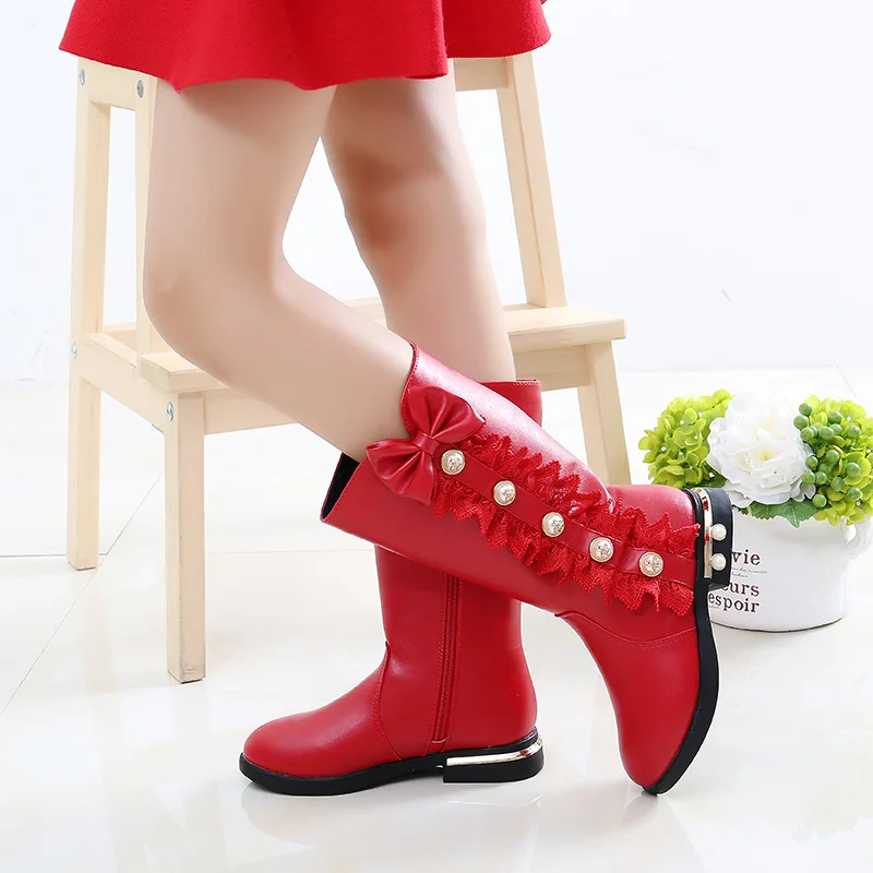 Girls Children Princess Shoes Pearl Lace Trimmed Sweet Boots Pure Color High Top Long Boots Low Heeled Studded Fashion Shoes