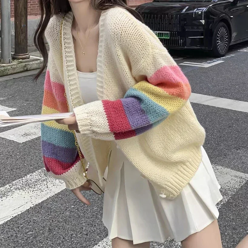 

Rainbow Striped Knitted Cardigan for Women Teen-girl Cozy Soft Mohair Button Front Sweater Jacket Winter Autumn Y2K Outfit
