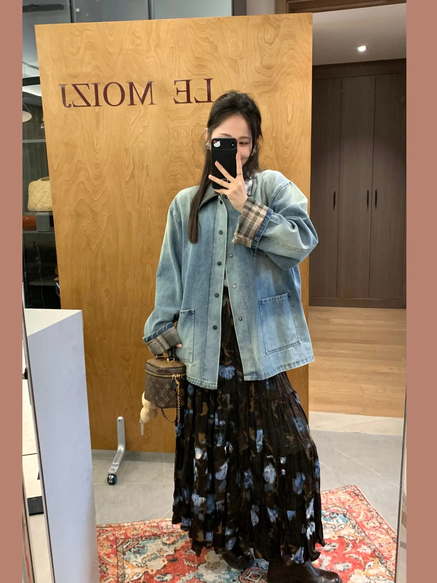 

Zhen Chun Hua Er Heavyweight Color Blo PU Leather Denim Jaet Women's Loose Versatile Workwear Jaet Mid-Length Button-Up