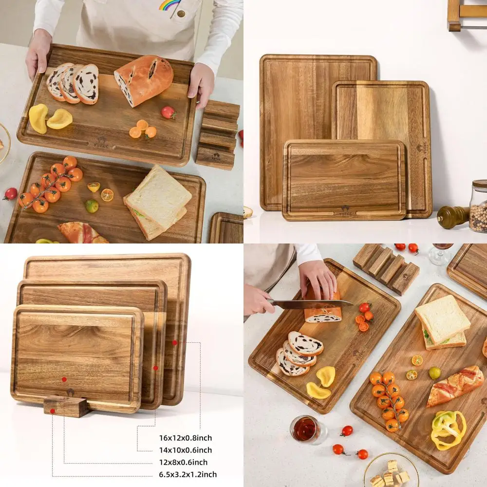 

Set of 3 Acacia Wood Cutting Boards for Kitchen, Thick Chopping Boards with Deep Juice Grooves, Wooden Trays for Meat, Fruit, an