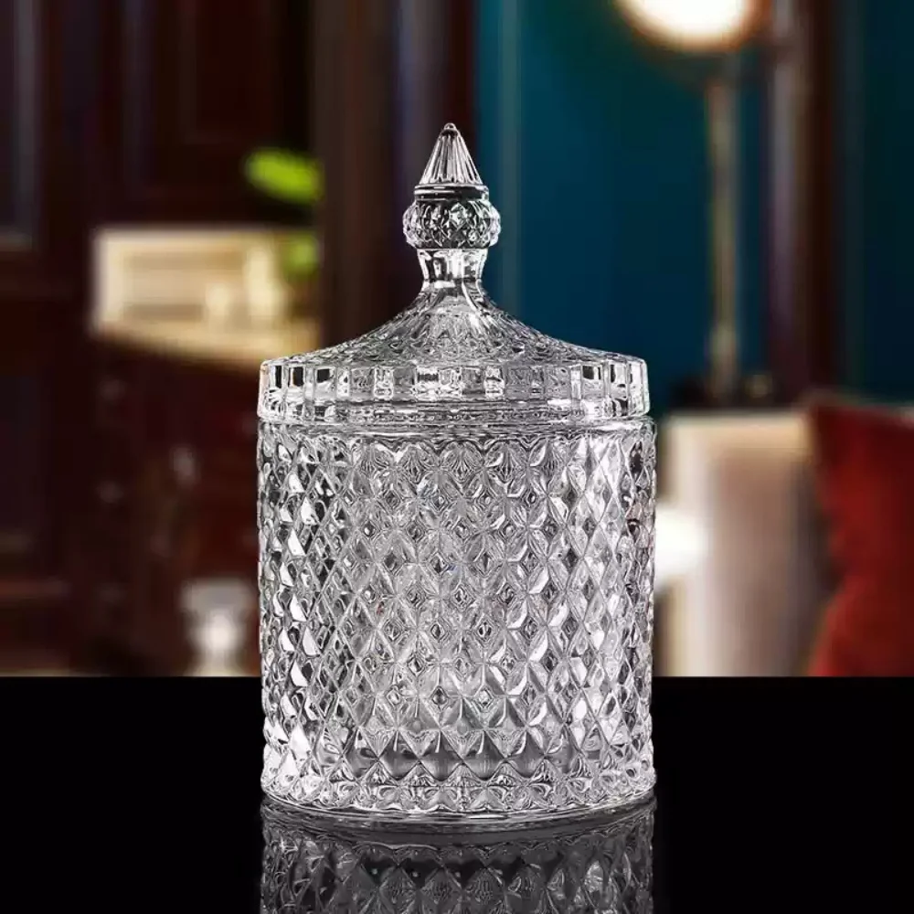 Glass Storage Jar, with Lid, Transparent Jewelry Box, Toothpick Line Cosmetic Cotton Swab Case, Home  Simple Candle Tank