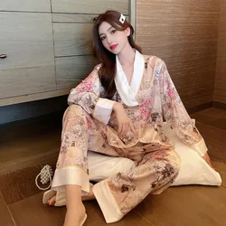 Spring New Luxury Chinese Style Turn Down Collar Home Pajamas Sets Fashion Satin Unique Beauty Women Pijamas Lounge Wear Pyjama