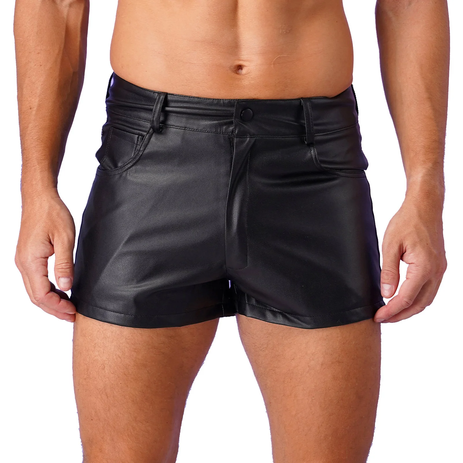 Men’s Fully Lining Latex Boxers Shorts Pockets PU Leather Shorts for Pole Dancing Rave Festival Party Outfit Punk Trunk Clubwear