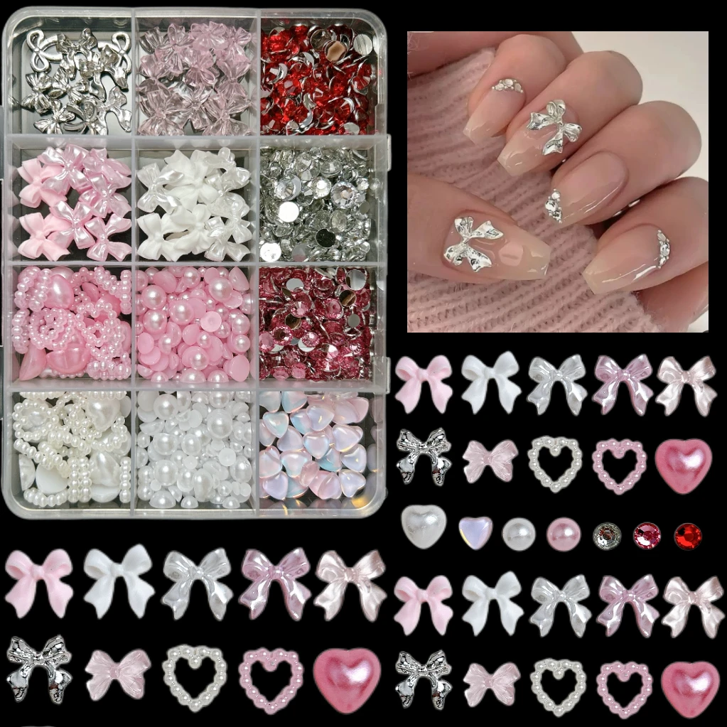 1 صندوق مقلد فلاتباك اللؤلؤ الراين مسمار السحر الحلو القوس القلب زهرة سبيكة فراشة مسمار الفن زينة DIY أجزاء الأظافر
