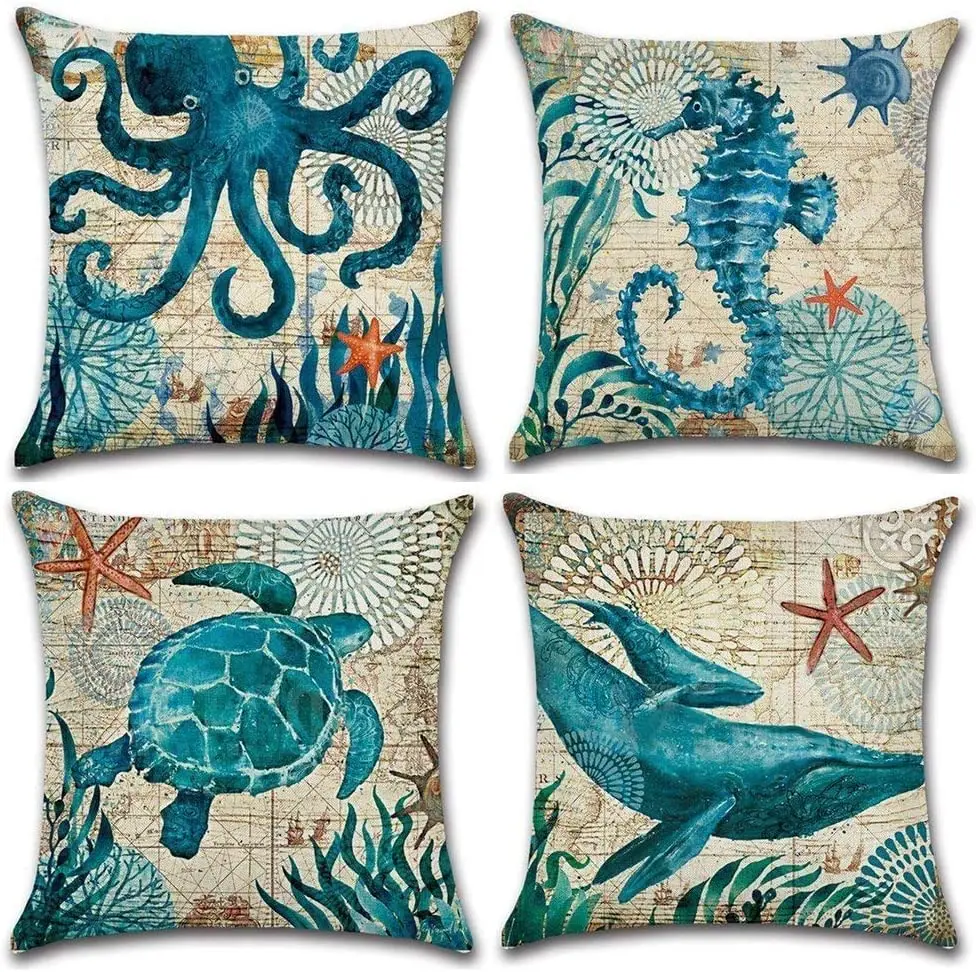 Linen pillowcase, marine life printing cushion cover 40x40 50x50 60x60, suitable for bed car sofa, pattern can be customized