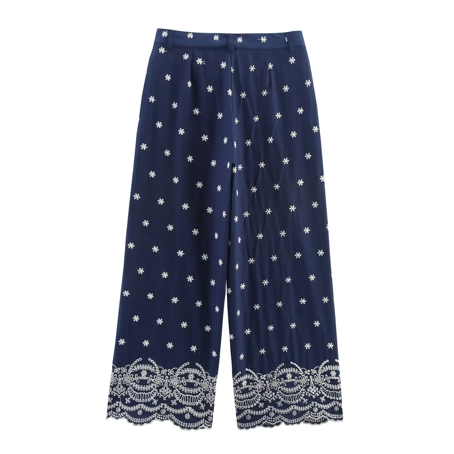 Maxdutti French Bohemian Flower Embroidery Navy Blue Casual Cropped Pants Summer Ethnic Cotton Wide-leg Pants For Women