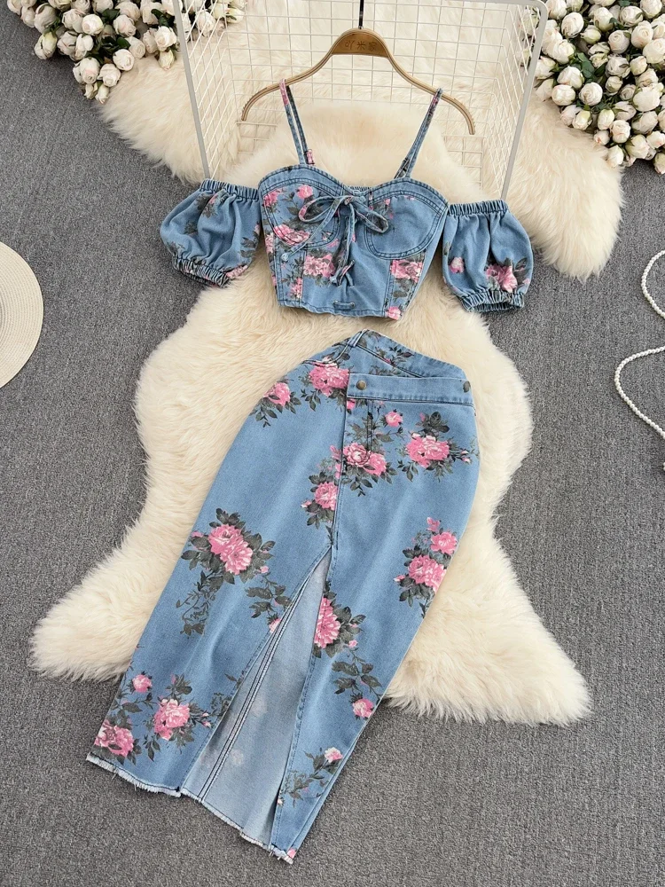 

Women 2 Piece Set Denim Fashion Female Hot Girl Chic Sexy Sling Top High Waist Irregular Split Skirt Summer Lady Suit