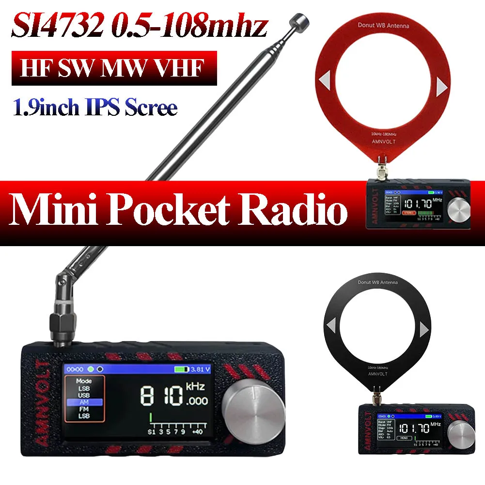 

SI4732 0.5-108mhz Pocket Mini Radio LSB USB AM FM All Band Radio Receiver 1.9inch IPS Screen HF SW MW VHF Radio with Antenna