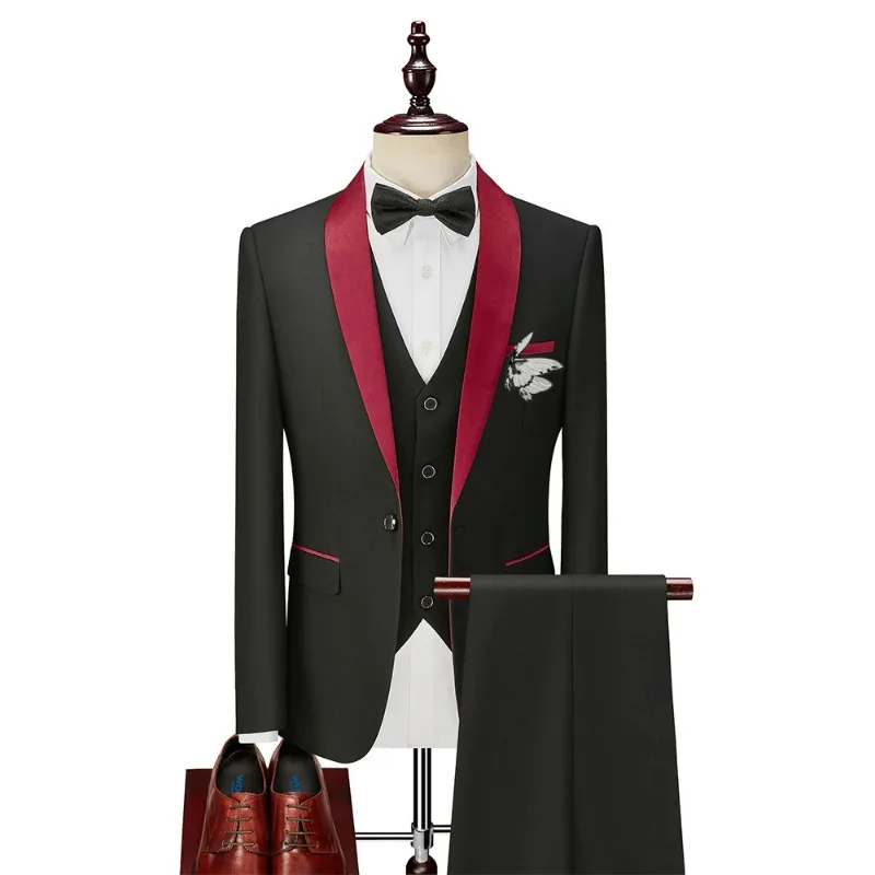 KIDWHXR Men Suit Set Contrast Color Embroidery Blazer Male V-neck Vest Straight-leg Pant Man Wedding Groom 3-piece Outfit