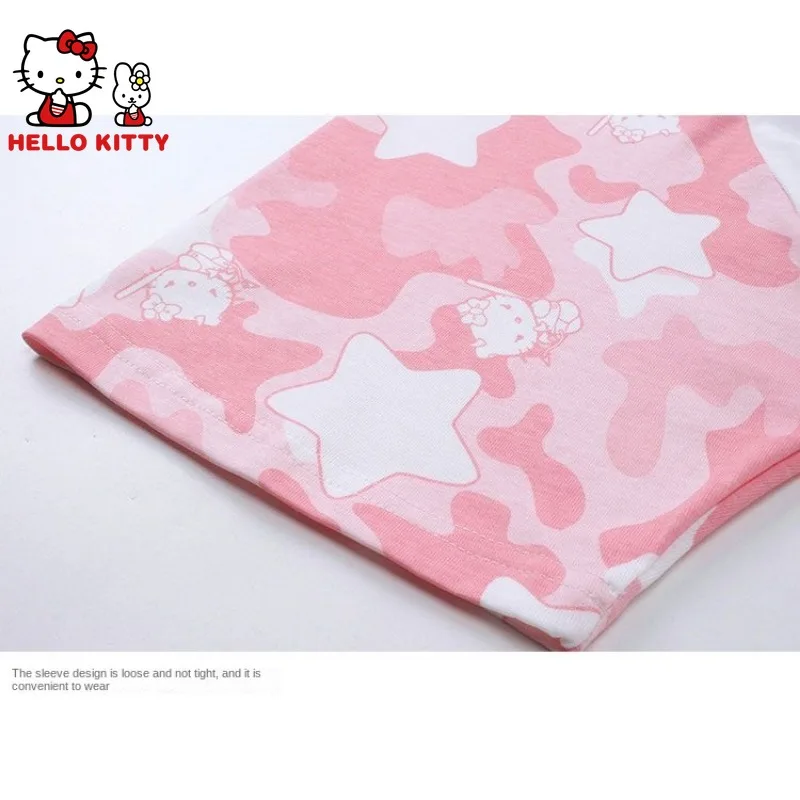 Hello Kitty Loose Camouflage Printing T-shirt Cotton American Casual Cartoon Women Men Short Sleeve Fashion Tees Couple Clothing