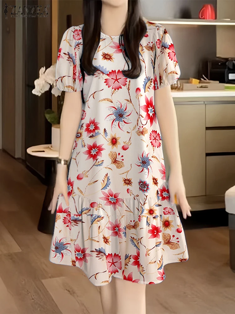 ZANZEA Femme ourlet à volants Robes florales 2025 été manches courtes bouffantes col rond Robes décontractées Femme vacances a-ligne Robes