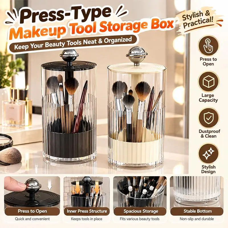 Automatic Lifting Makeup Brush Holder Dustproof Lid Large Capacity Cosmetic Storage Box Hold 20+ Brushes for Vanity Use