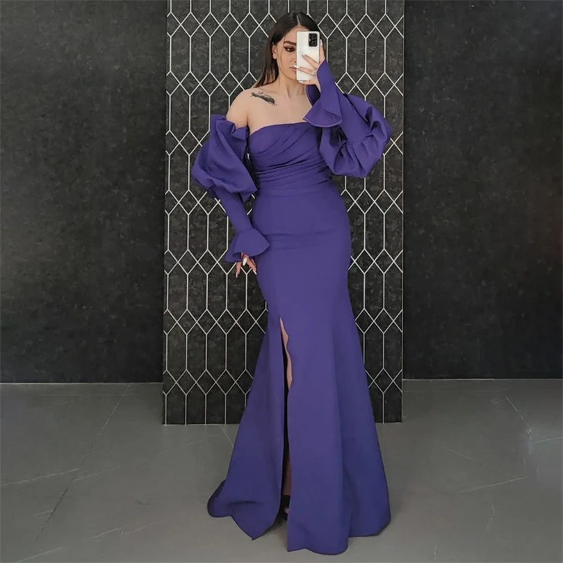 

Solid Mermaid Evening Dreses Pleated Off Shoulder Puff Sleeves Side Slit Women Night Dress Bridesmaid Elastic Party Gowns 2023