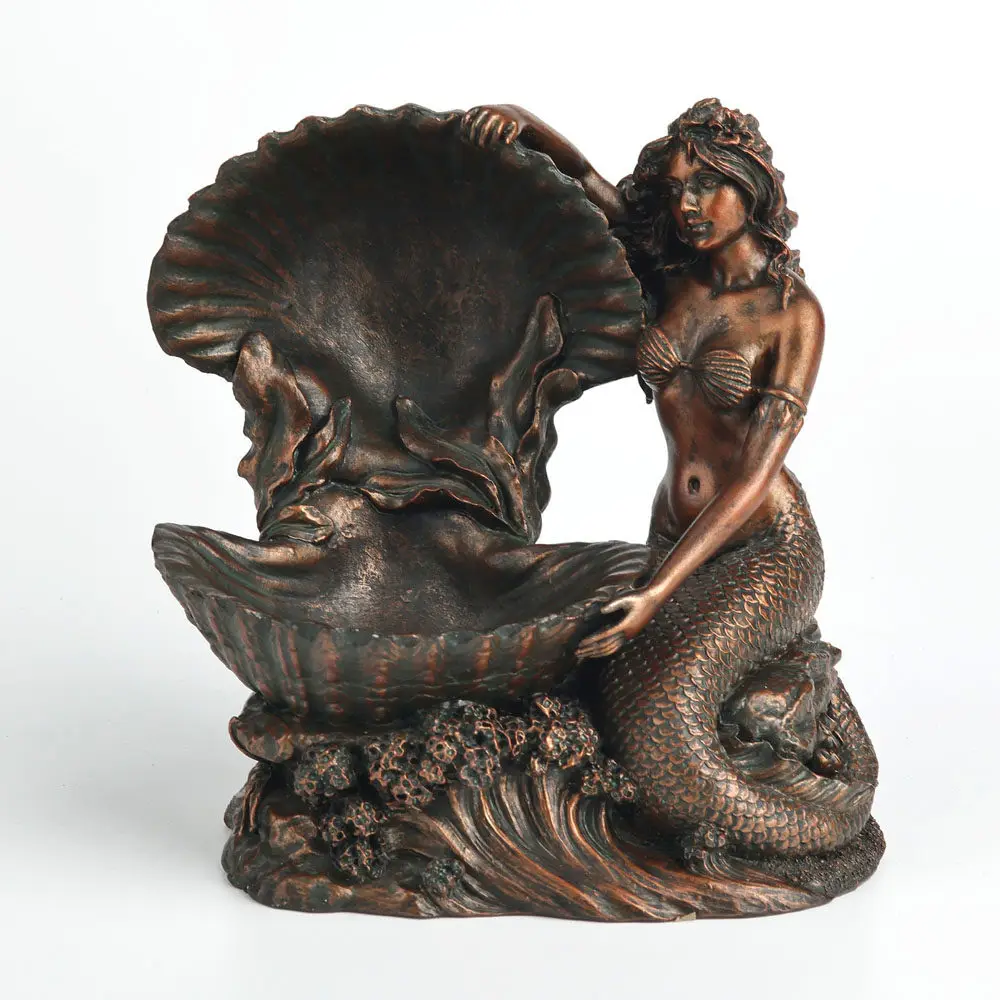 Bronze Finish Mermaid With Conch Shell Figurine Resin Statue Ocean Sea Mermaid Sculpture Tabletop Decor Storage Tray Ornament