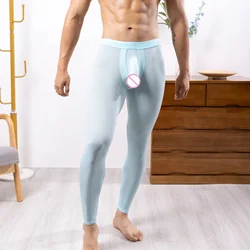 Pantalones largos de seda de hielo para hombre, ropa interior térmica ultrafina para dormir, mallas largas con bolsa para pene, CLEVER-MENMODE