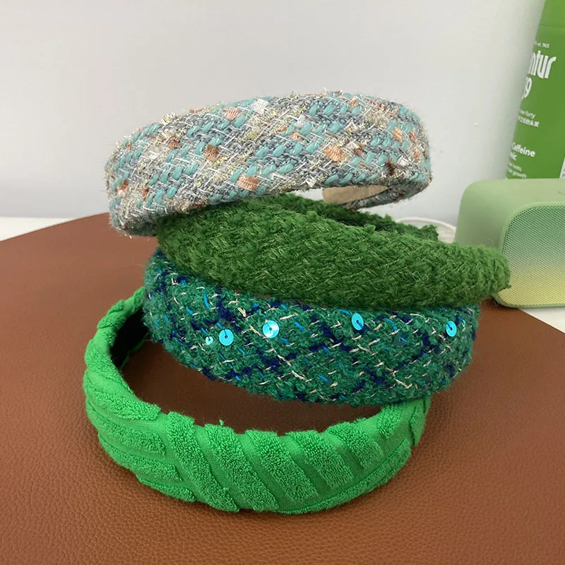 Green-style French small fragrant wind coarse woolen wide headband sponge headband retro Korean version of   hair accessories