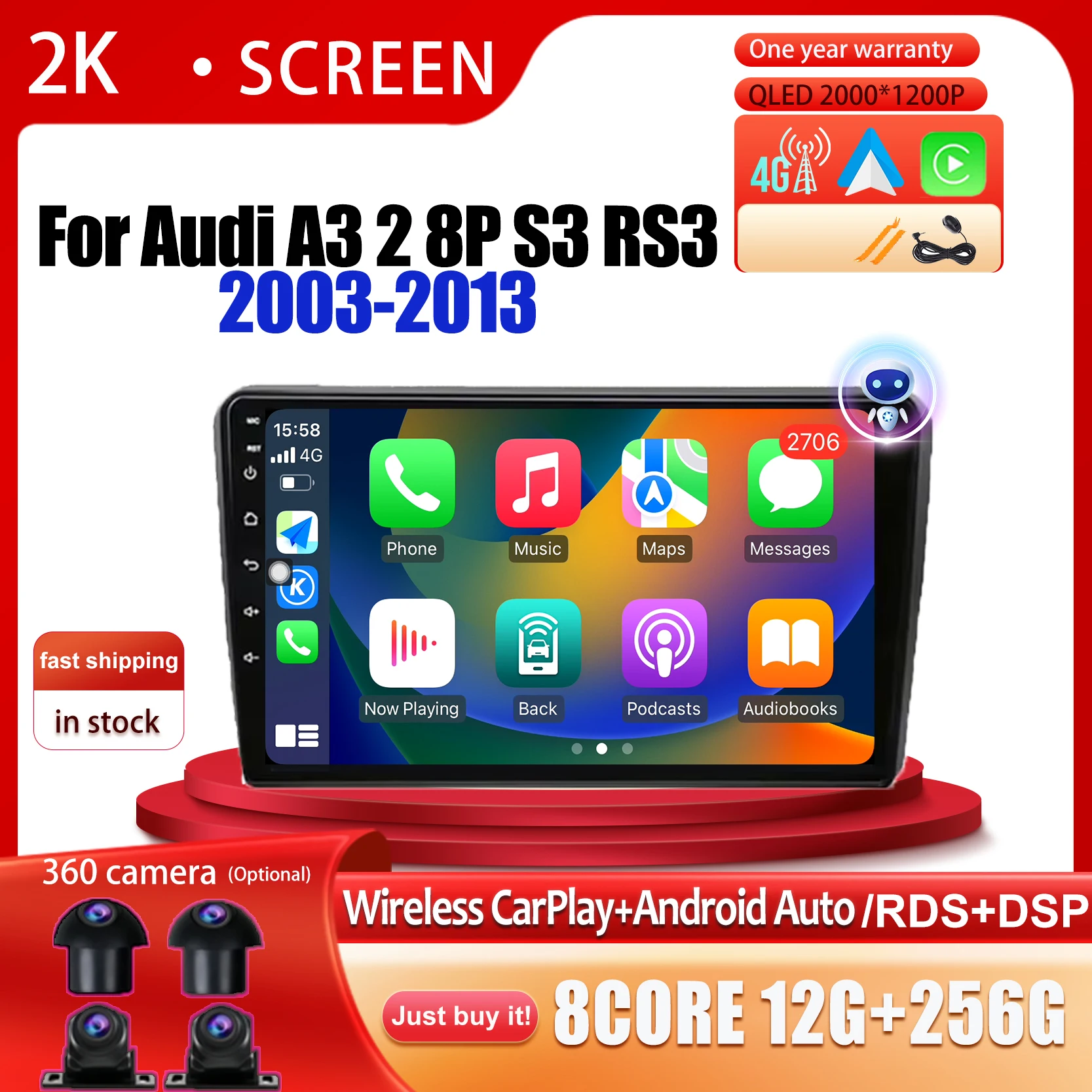 

Android 14 QLED Screen Auto Stereo Radio Car GPS Navigation For Audi A3 2 8P S3 RS3 2003 2004 2005-2013 Carplay WIFI