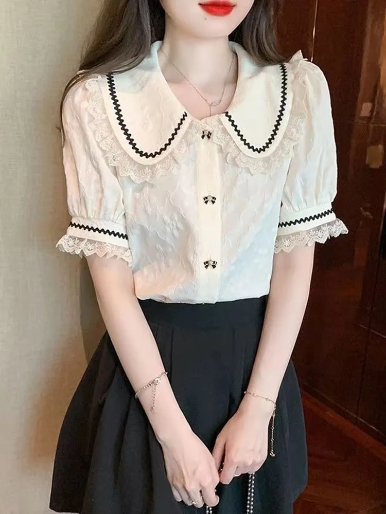 Simple Korean Peter Pan Collar Short Sleeve Women Blouse Summer Fashion Spliced Lace Edge Single Breasted Shirt French Sweet Top