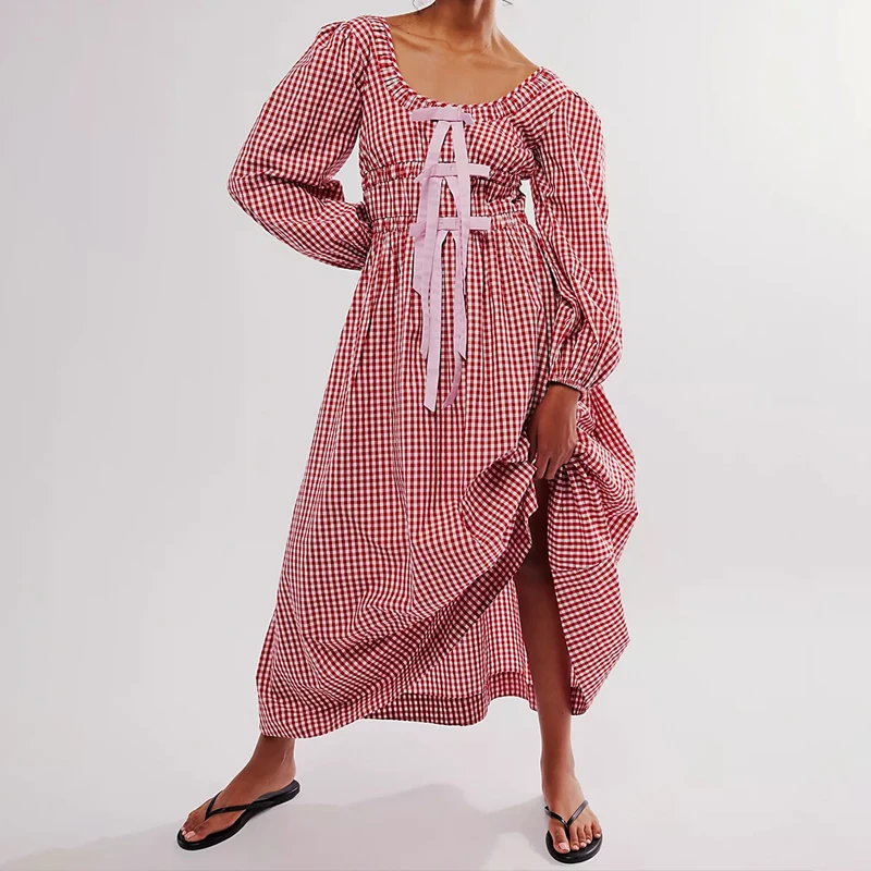 Women's 2024 Summer Boho Square Neck Front Bow Midi Dress Lady Vintage Puff Long Sleeve Plaid Ruffle Backless Maxi Dress