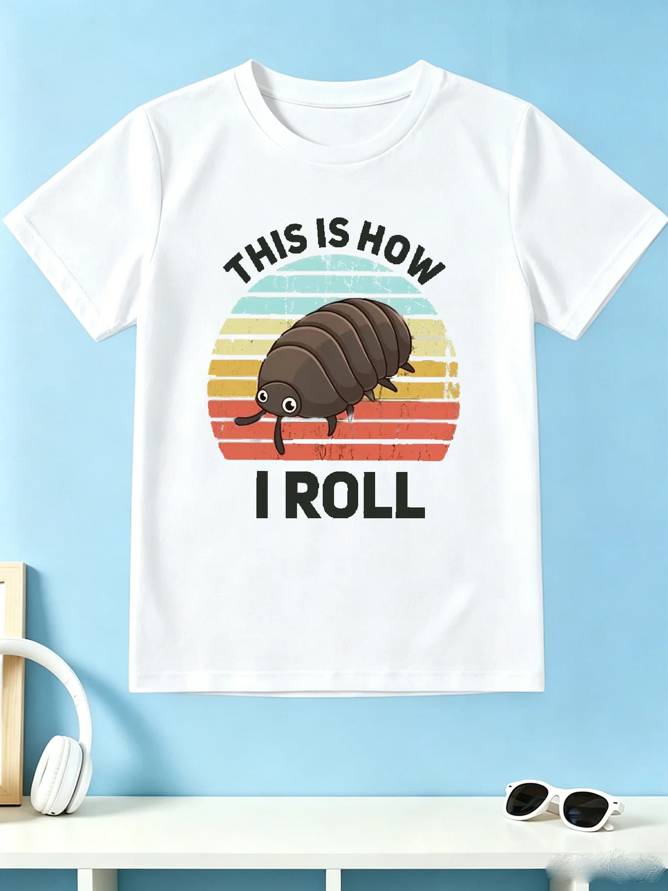 Kids Tee Funny Pill Bug Isopod This Is How I Roll Retro Distressed Sunset Cartoon Print Short Sleeve Cotton Children Casual Wear