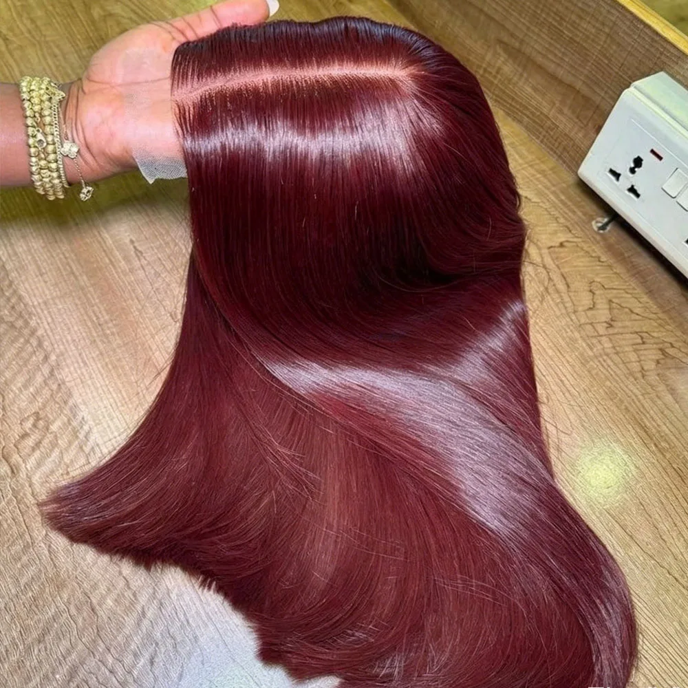 99j Burgunderrote 13x4 Full Frontal Lace Brasilianische Vorgezupfte Rote Gerade Frontal Perücken HD Transparente Lace Echthaar Perücken