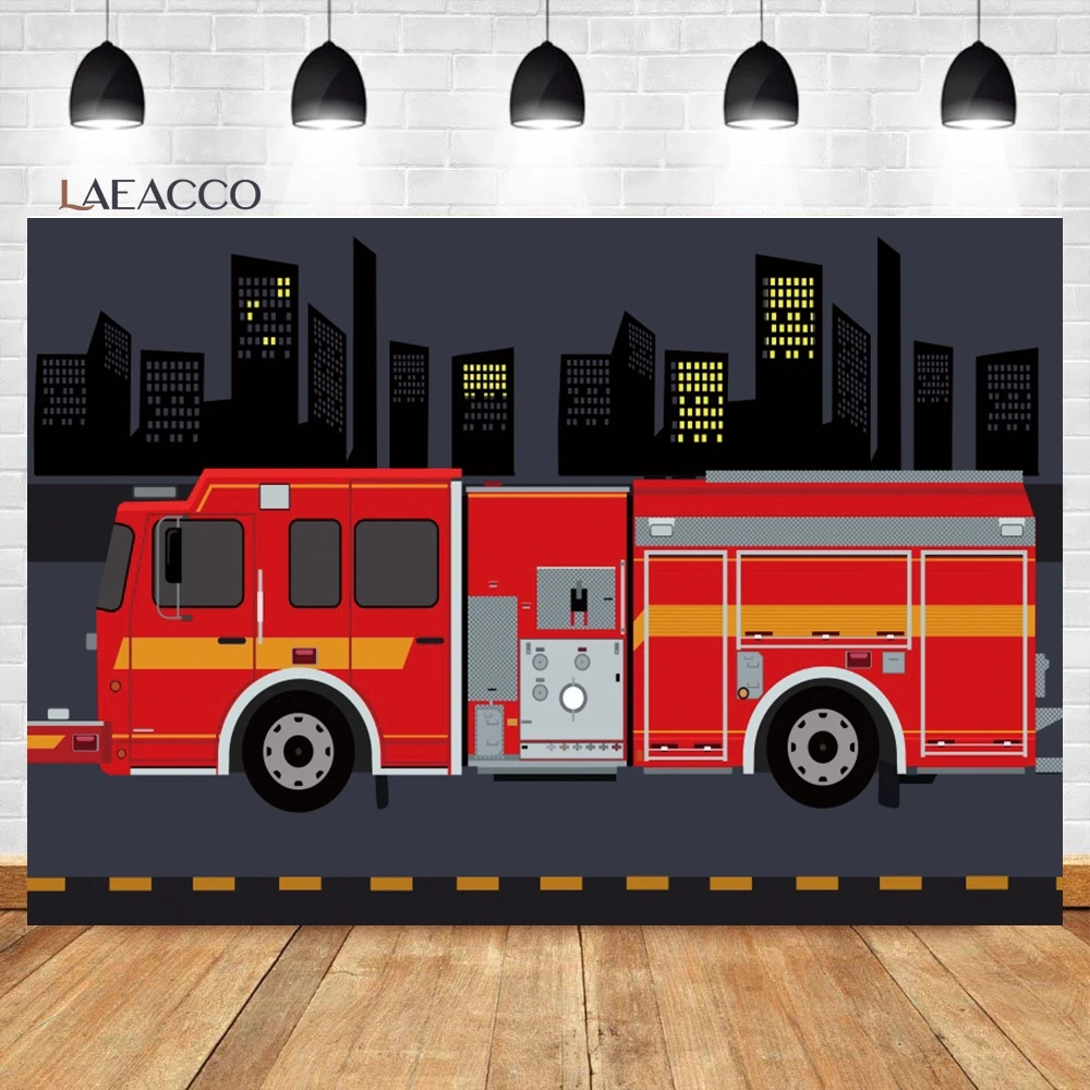 Laeacco brandweerwagen achtergrond cartoon brandweerwagen brandweer jongens brandweerman kinderen verjaardag baby shower portret fotografie achtergrond