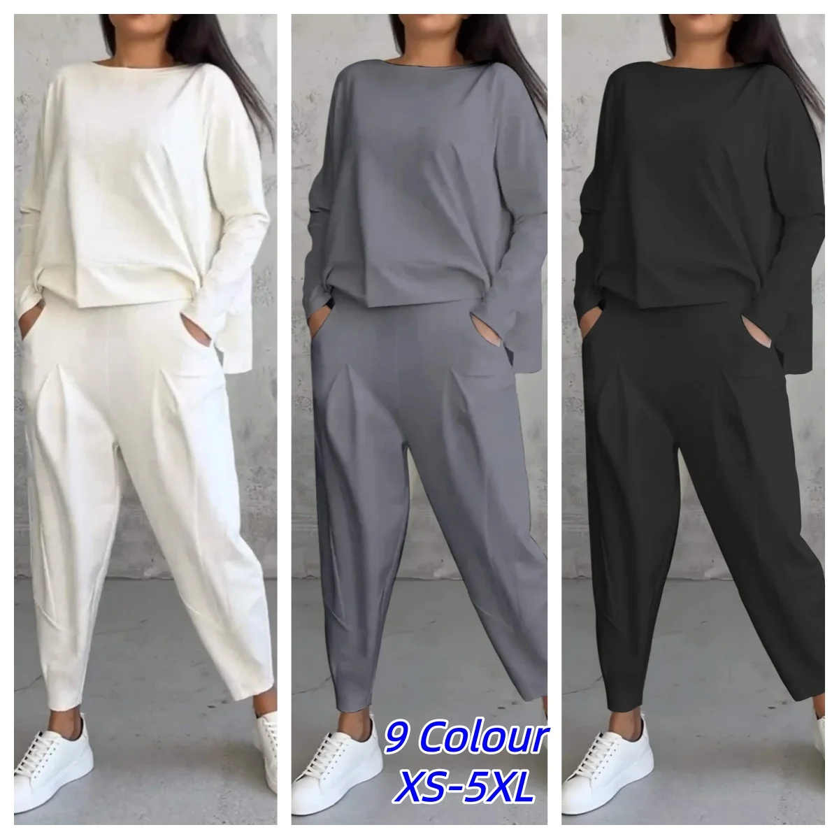 

Tracksuits Women's Trousers Suit O-neck Long Sleeve Loose T-shirt Solid Color Trousers Pocket Simple 2-piece Set Loungewear