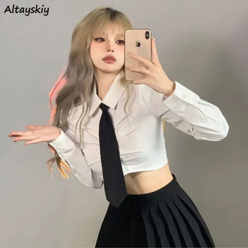 Koszule damskie z długim rękawem Casual Solid Simple Sexy Hotsweet All-match Thin Ulzzang Ladies Streetwear Preppy Style Chic Trendy