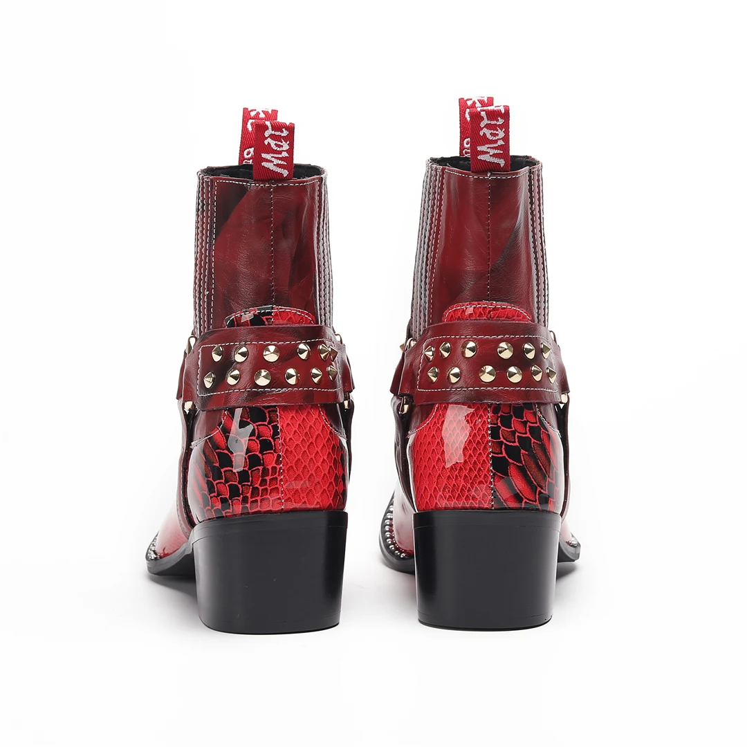 Herren-Designer-Stiefeletten aus echtem Leder mit Metallspitze, Nieten-Dekor und Print, Übergrößen, Cowboy-Motorrad-Schuhe für Business – Detail 5
