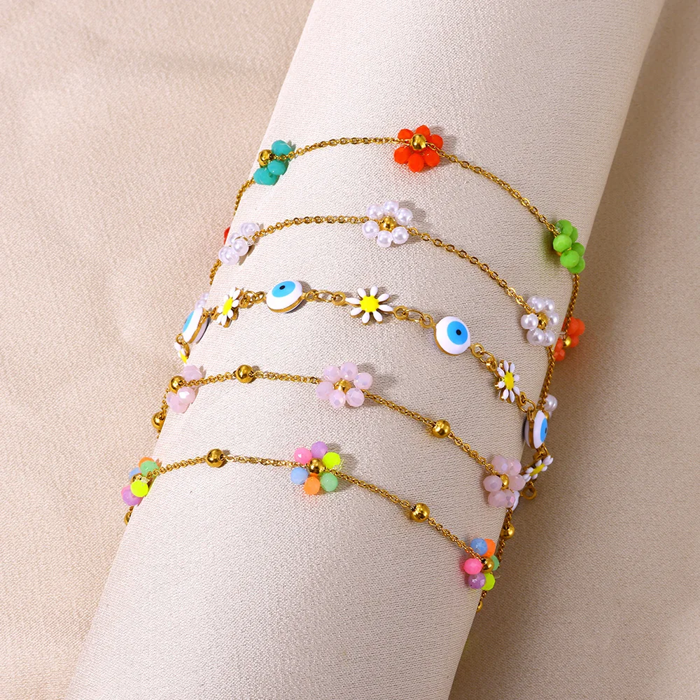 

Colorful Trendy Bead Flower Daisy Anklets For Women Waterproof Jewelry Stainless Steel Eyes Foot Chain 25cm Ankle Bracelet Gifts