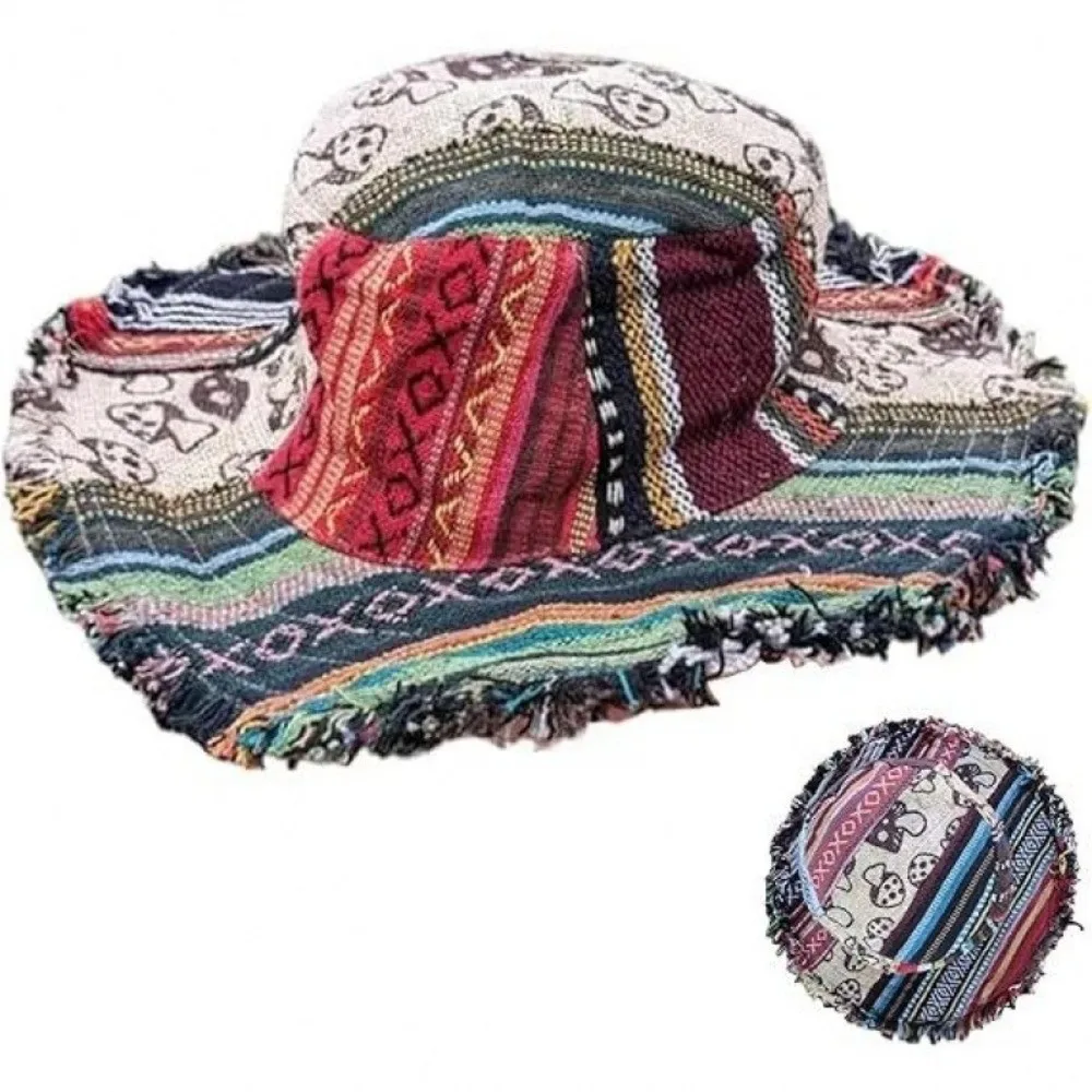 Kreativer Patchwork Mehrfarbiger Pilz-Hanf-Hut Bucket Hat mit verstecktem Fedora-Hut, breitkrempiger Hippie-Pilz-Strohhut