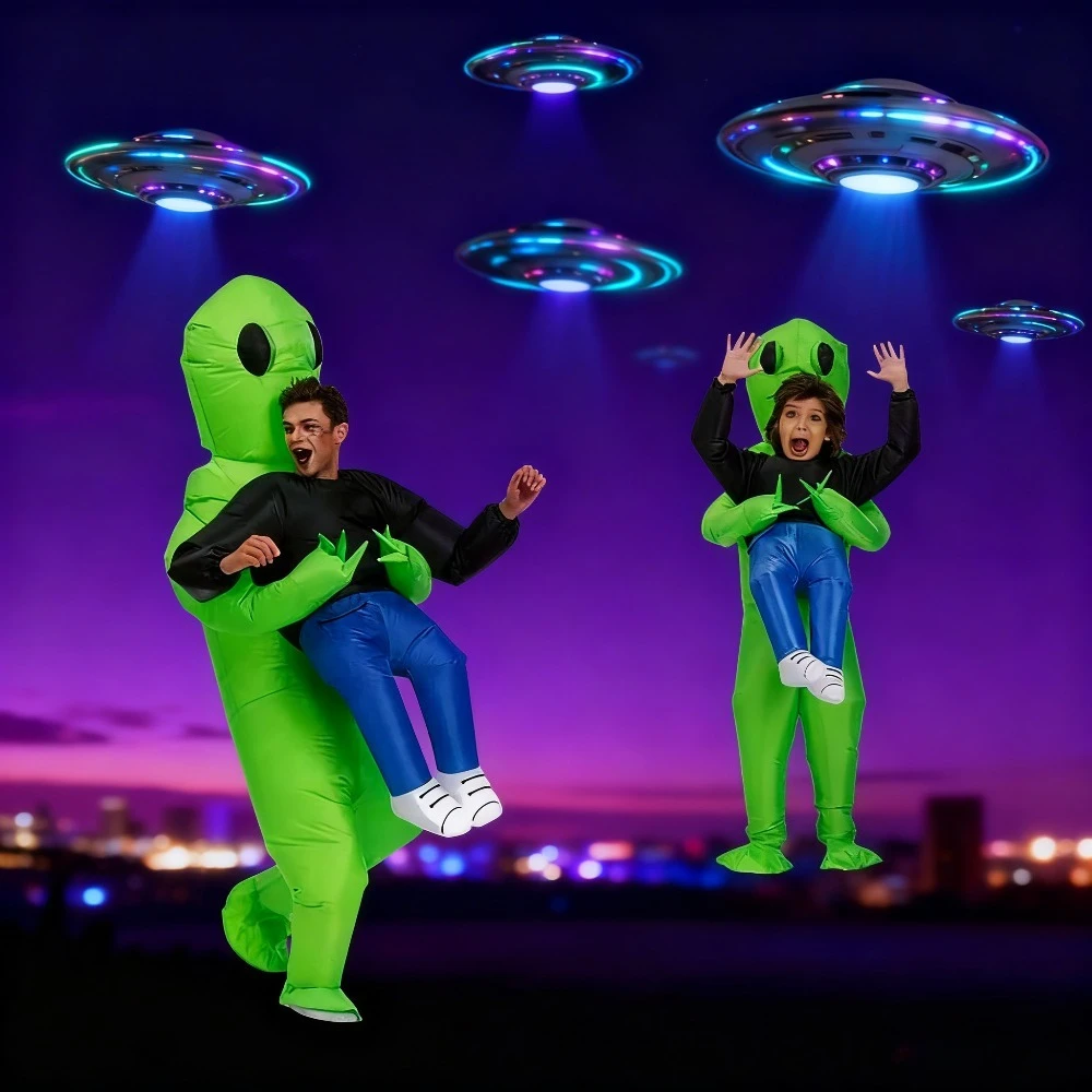 

Green ET Alien Hugging Person Inflatable Costume Scary Monster Cosplay for Adult Kids Halloween Decor Children Birthday Clothing