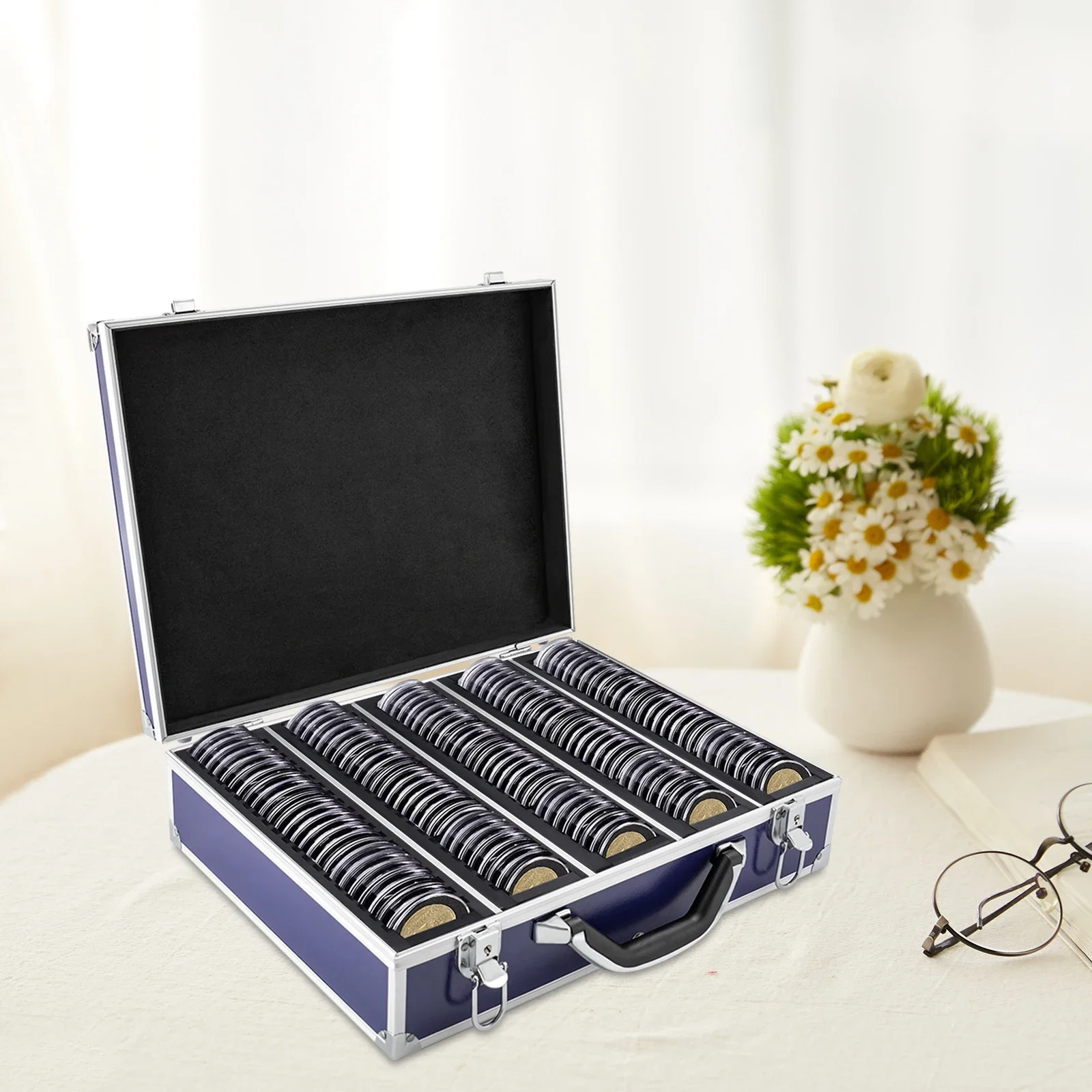 

Portable Large Capacity & Display Aluminum Black Box Case Holds 100 Coin Holders Slabs