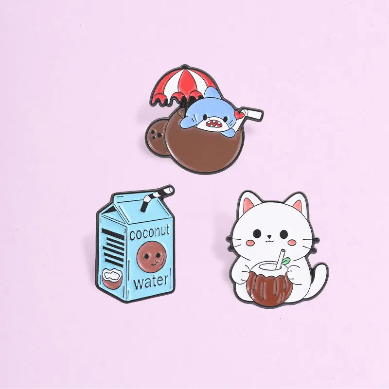 Summer Coconut Theme Brooch Cute Cat Shark Coconut Drink Cartoon Alloy Badge Pin for Party Casual DIY Bag Clothes Decoration