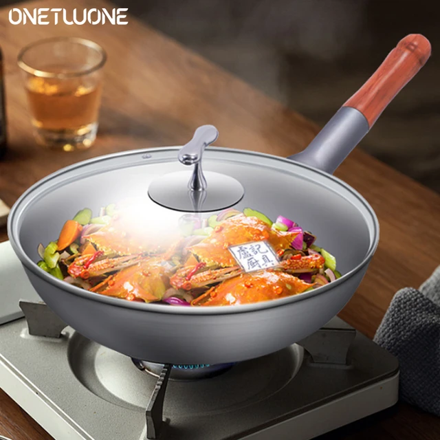 36cm Pure Titanium Woks,High Quality Healthy Wok,2mm Thick,Uncoated Wooden  Handle Pot,Suitable For Gas Stove Kitchen Cookware - AliExpress