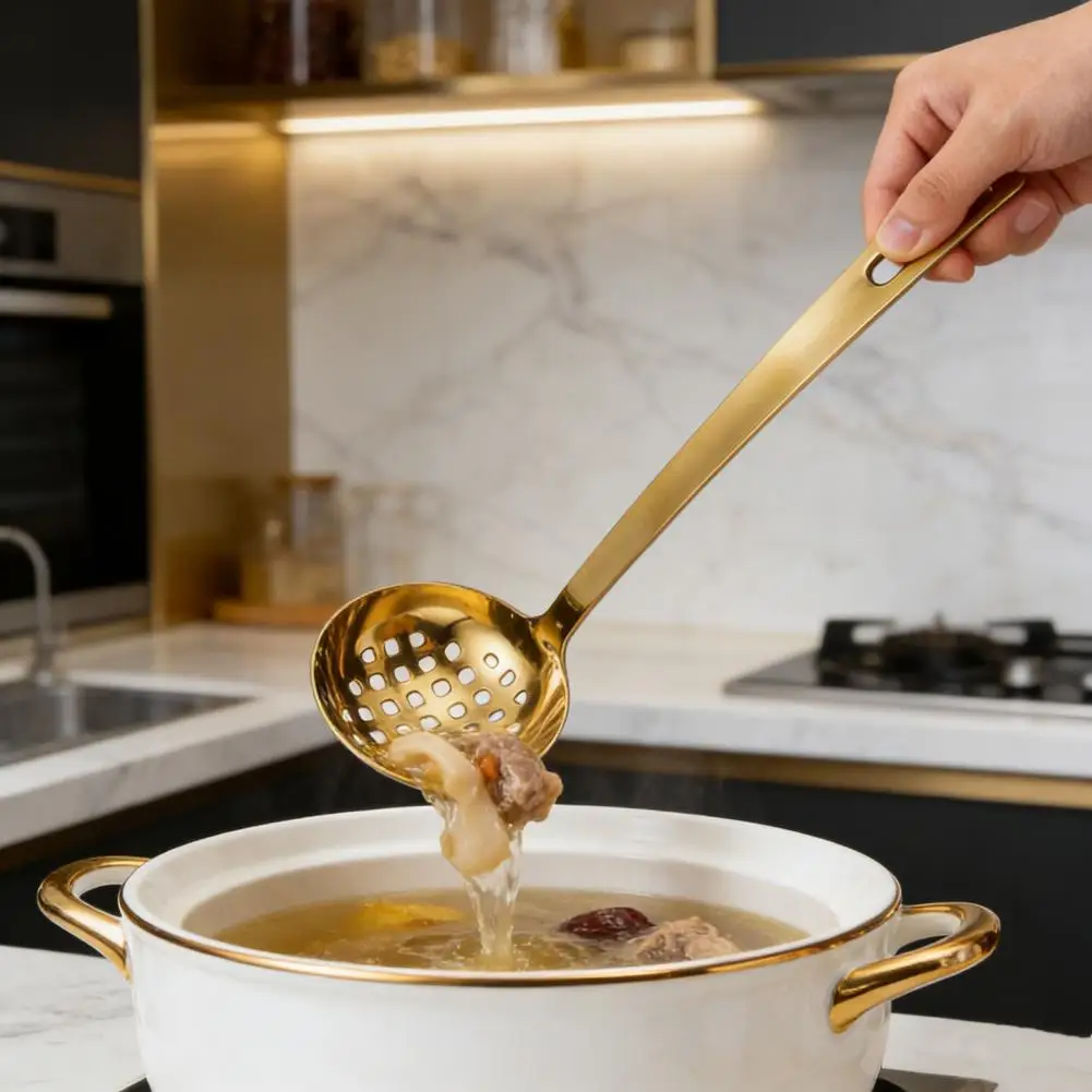 Multi-functional Kitchen Spoon Stainless Steel Soup Ladle with Long Handle Strainer Kitchen Serving Spoon with Hanging for Easy