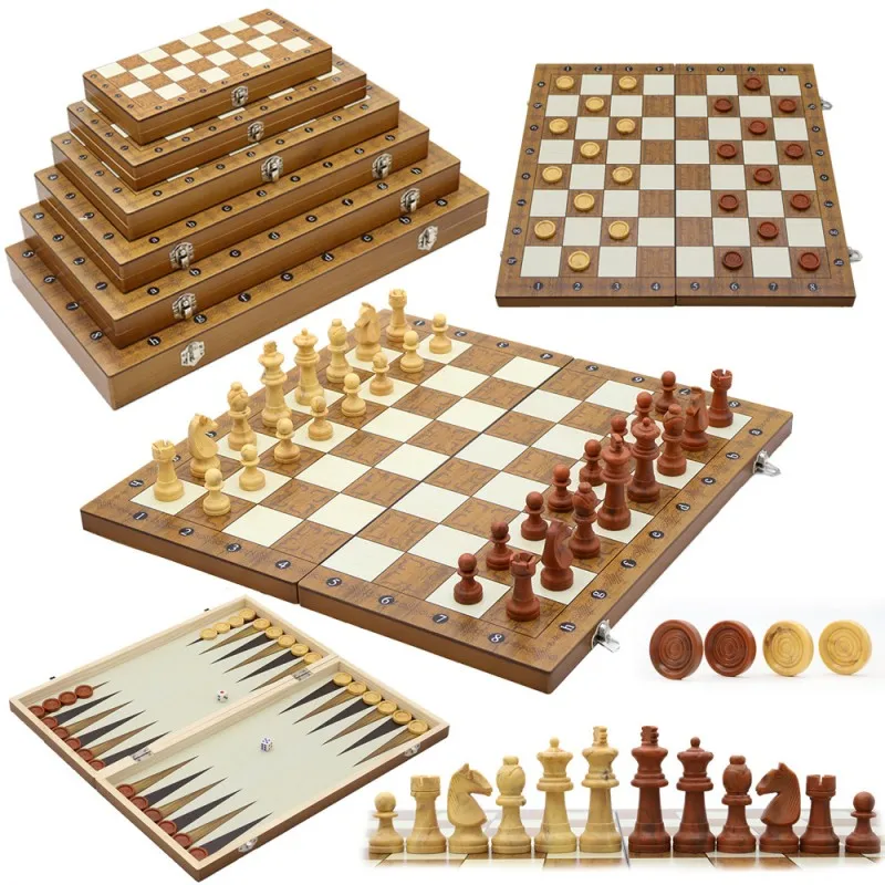 3-in-1 Holz-Brettspielset: Faltbares, Tragbares Schach-, Backgammon- und Dame-Spiel für Unterhaltung und Reisen