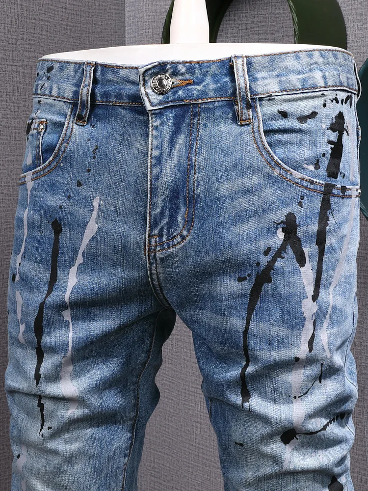

2025New Year's Ink Splash Print Jeans Men Street Graffiti Design Casual Retro Stretch Pants