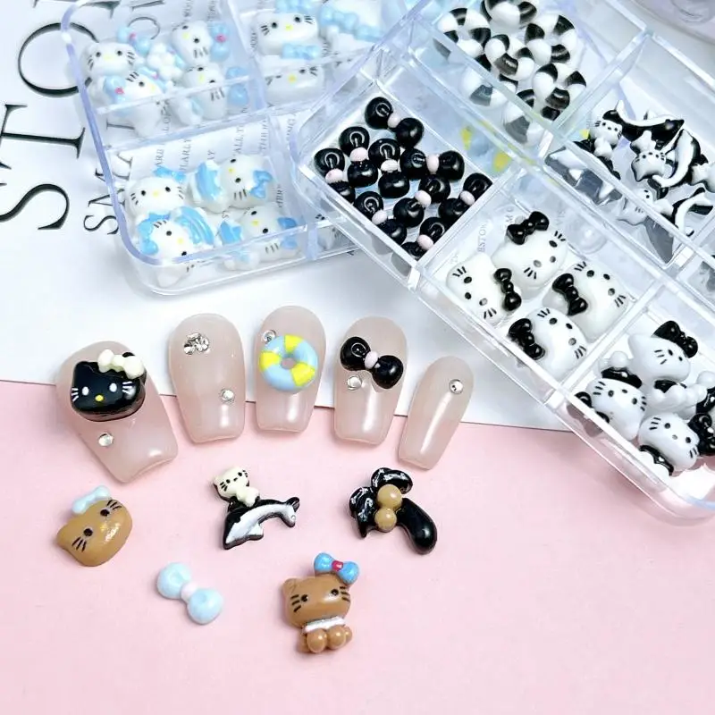 1Box New Black Skin Double Colors Cats Nail Charms Blue Brown Dolphin Coconut Tree Minimalist Bows Nail Art Decorations for DIY