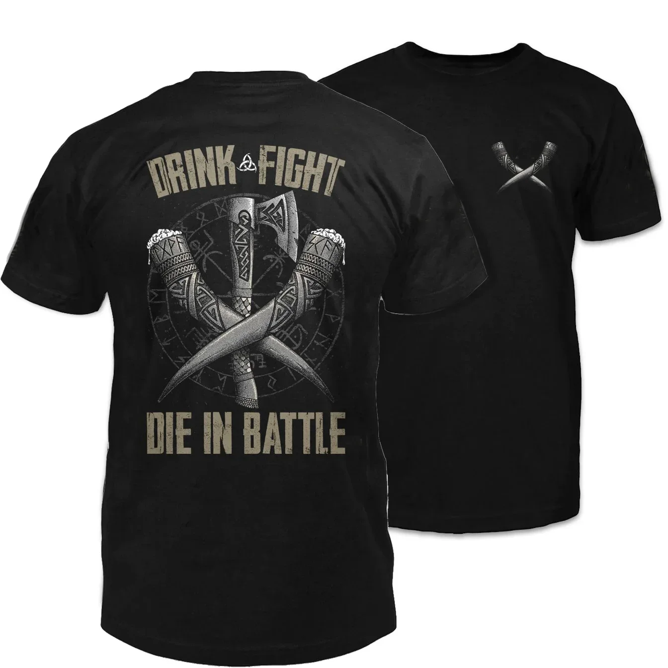

Nordic Warriors Life: Drink, Fight, Die in Battle. Odin's Horn Cup Axe T-Shirt 100% Cotton O-Neck Short Sleeve Mens T-shirt