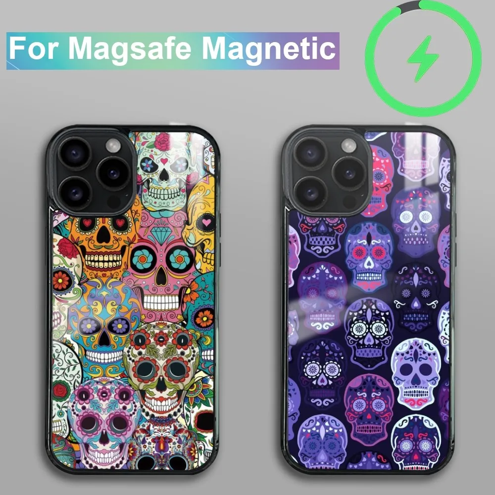 Sugar Skull Magnetic Phone Case For iPhone 15 14 13 12 11 Pro Max Plus Mini Mirror Wireless Magnetic Cover Magsafe iPhone Case