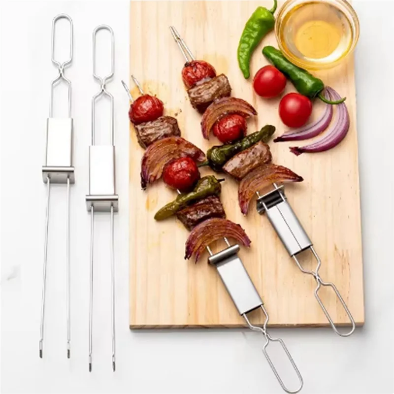 A51M-Stainless Steel Double Needle Barbecue Skewers With Self Push Plate Barbecue Forks Outdoor BBQ Accessories Tools