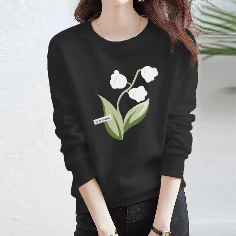 Women\'s Printing Flower Sweater Spring and Autumn 2023 New Fashion Round Neck Age Reducing All-match Slim Long Sleeve Top